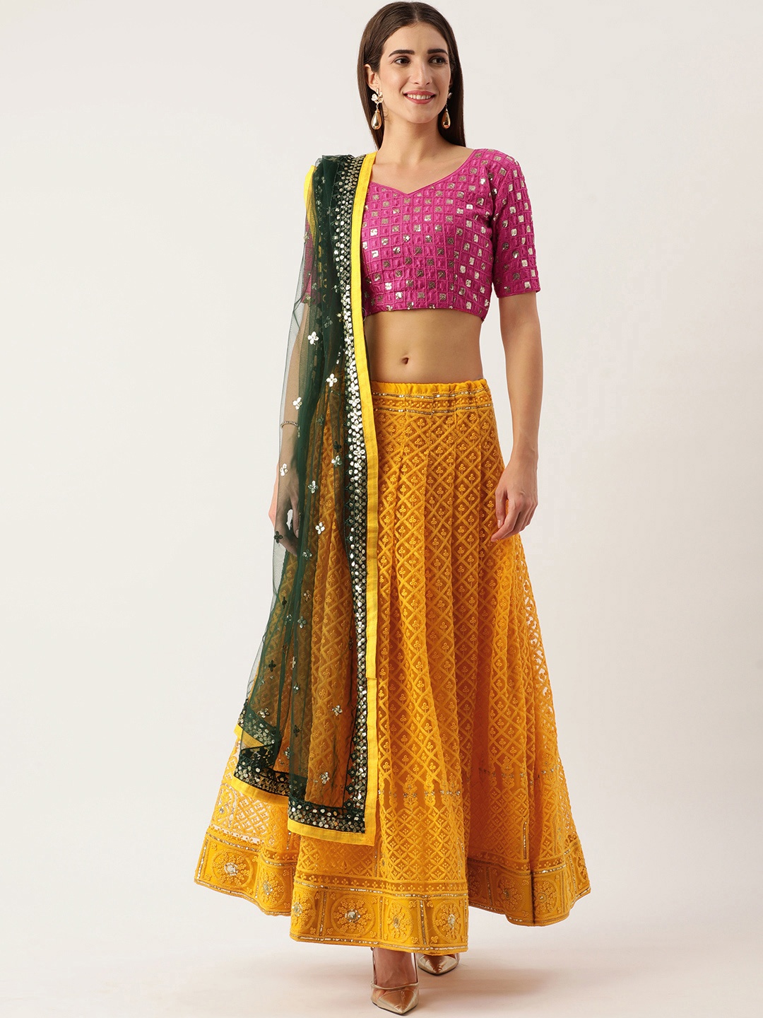 

LOOKNBOOK ART Yellow & Pink Embellished Sequinned Semi-Stitched Lehenga & Unstitched Blouse With Dupatta