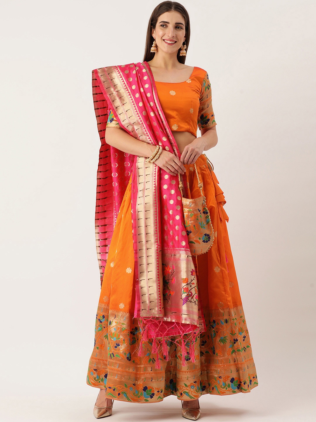 

LOOKNBOOK ART Orange Semi-Stitched Lehenga & Unstitched Blouse With Dupatta
