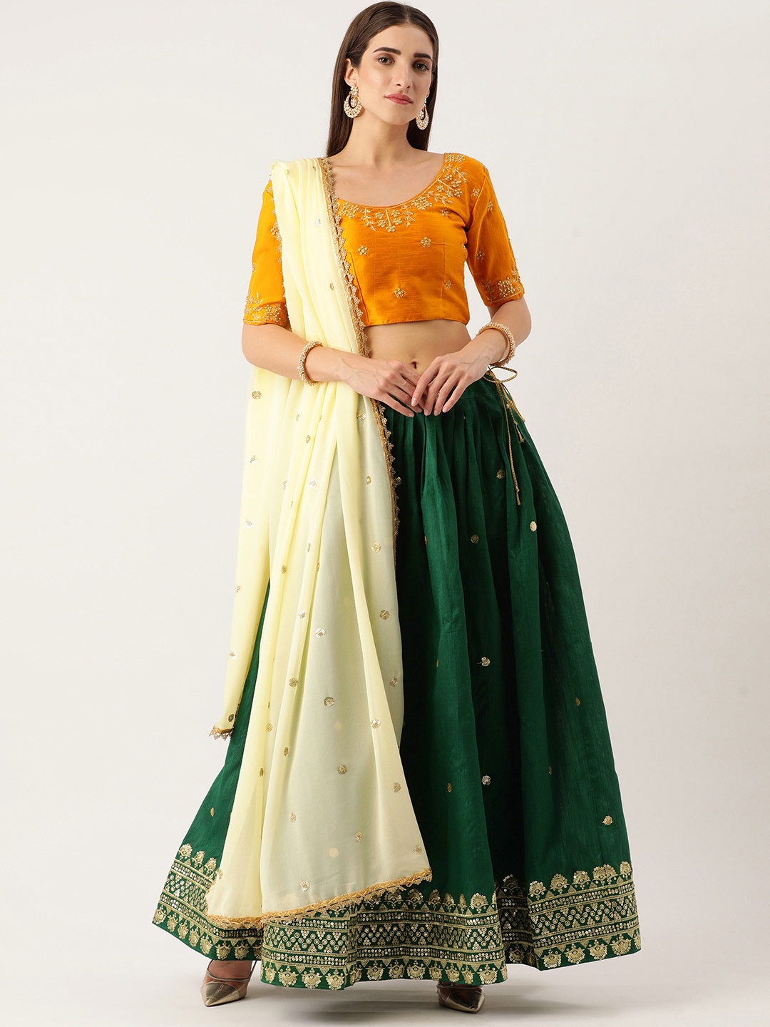 

LOOKNBOOK ART Green & Orange Semi-Stitched Lehenga & Unstitched Blouse With Dupatta