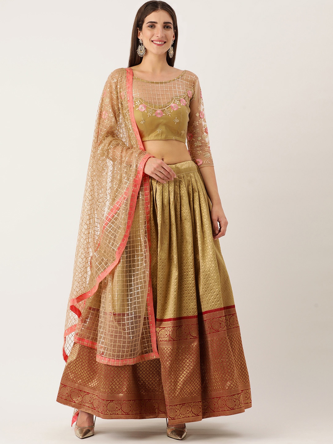 

LOOKNBOOK ART Gold-Toned Embroidered Semi-Stitched Lehenga & Unstitched Blouse With Dupatta