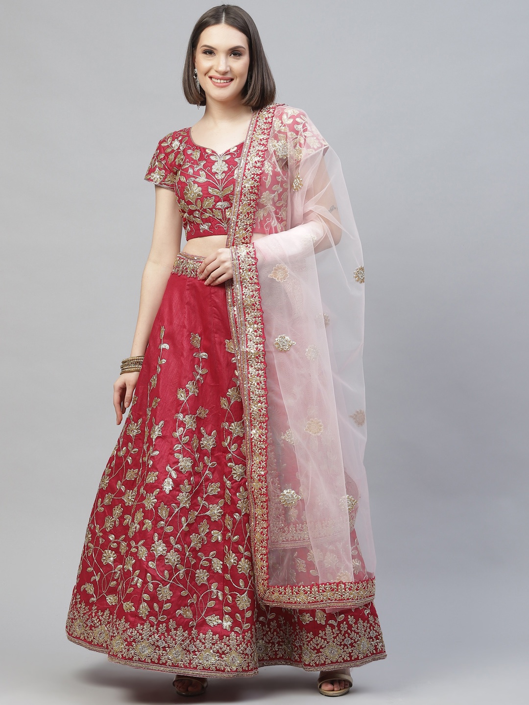 

SHUBHVASTRA Maroon & Pink Embroidered Semi-Stitched Lehenga & Unstitched Blouse With Dupatta