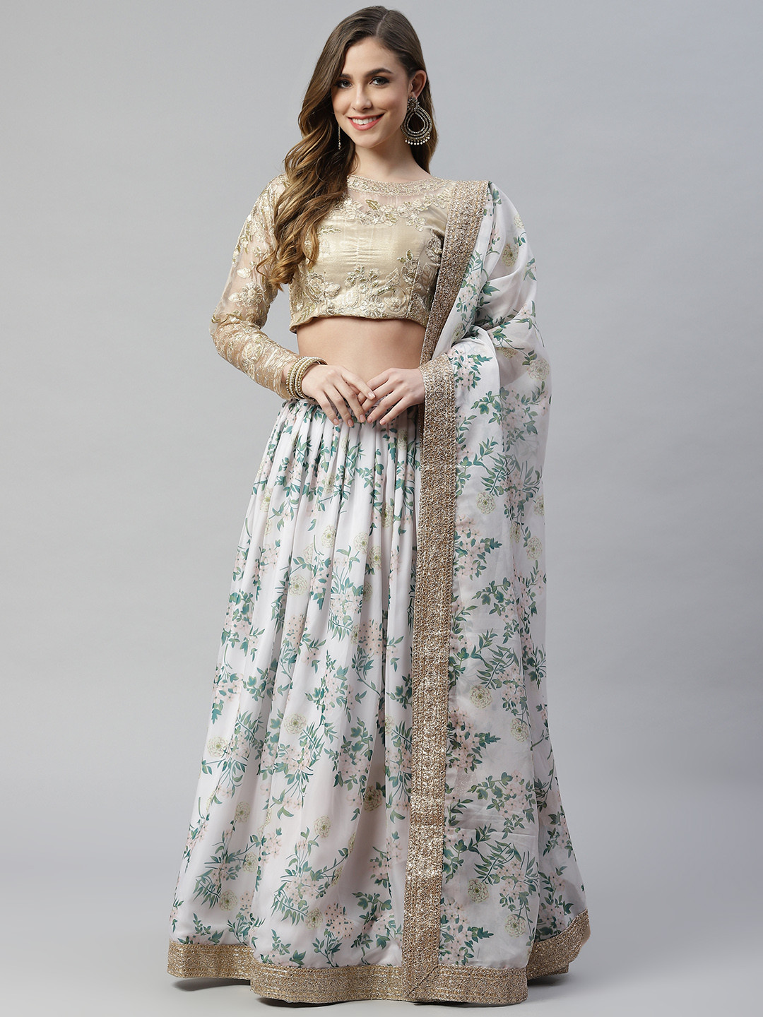 

SHUBHVASTRA Off White & Beige Embellished Zardozi Semi-Stitched Lehenga & Unstitched Blouse With Dupatta