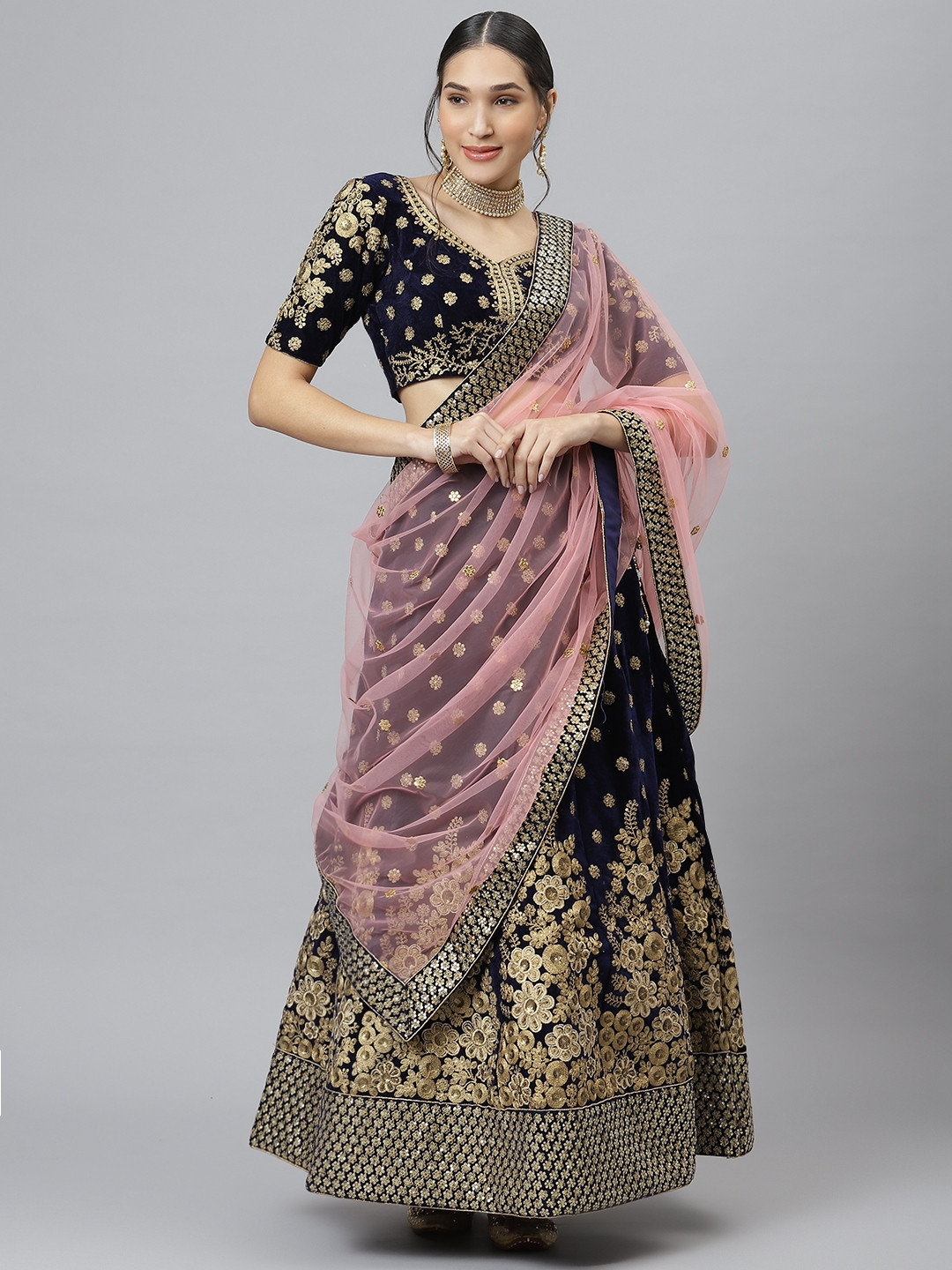 

SHUBHVASTRA Navy Blue Semi-Stitched Lehenga & Unstitched Blouse With Dupatta