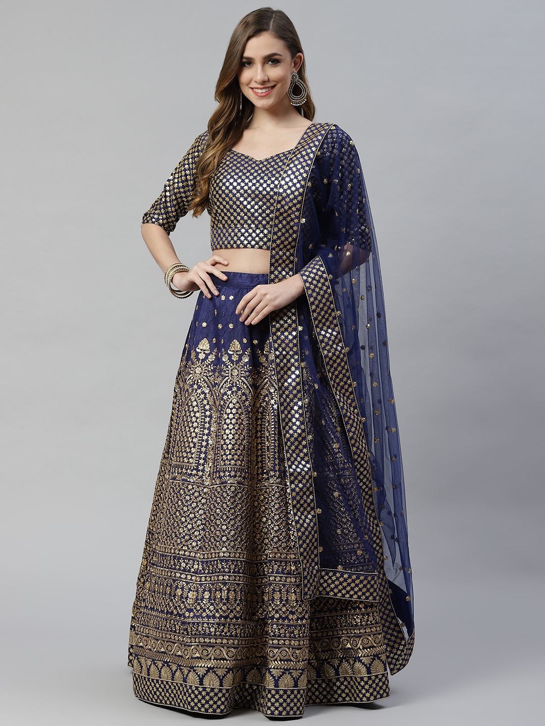 

SHUBHVASTRA Navy Blue & Gold-Toned Embellished Sequinned Semi-Stitched Lehenga & Unstitched Blouse With