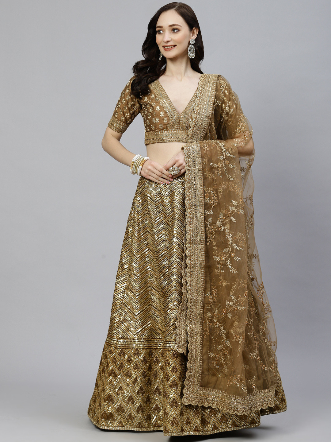 

SHUBHVASTRA Brown & Gold-Toned Embroidered Semi-Stitched Lehenga & Unstitched Blouse With Dupatta
