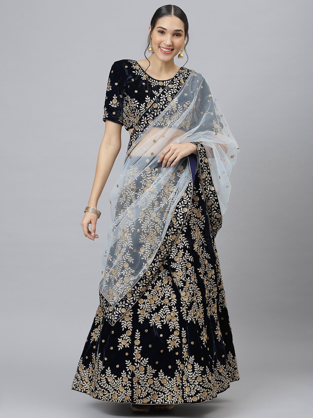 

SHUBHVASTRA Navy Blue Semi-Stitched Lehenga & Unstitched Blouse With Dupatta