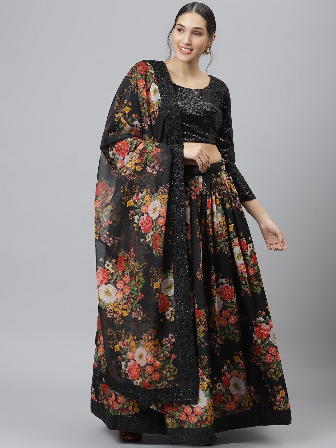 

SHUBHVASTRA Black Semi-Stitched Lehenga & Unstitched Blouse With Dupatta
