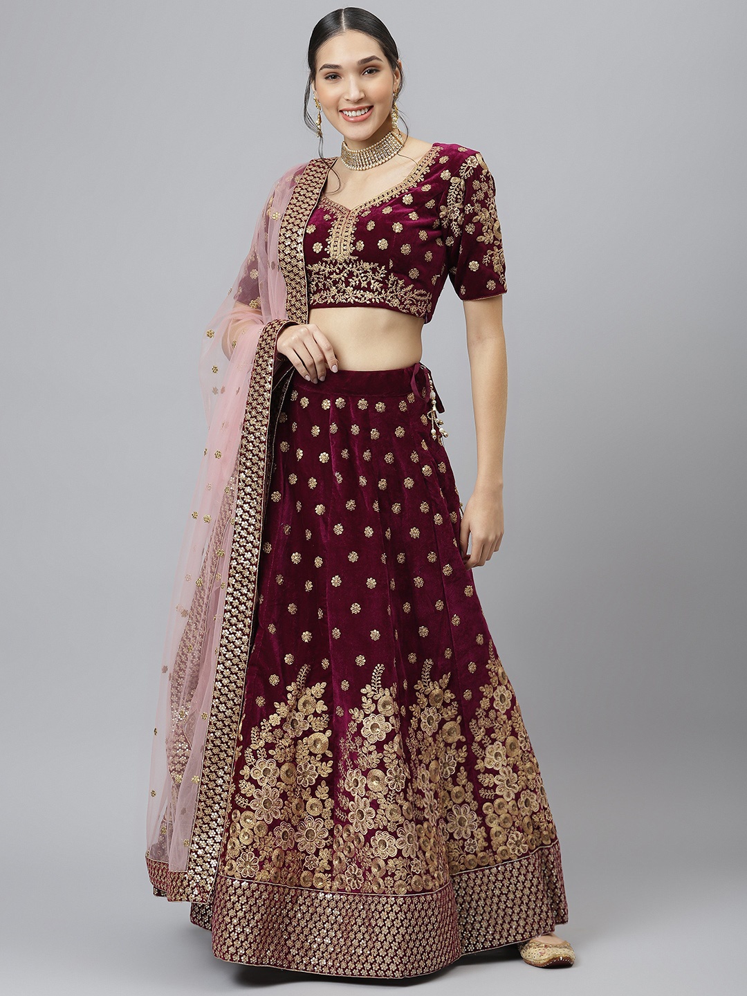 

SHUBHVASTRA Purple Semi-Stitched Lehenga & Unstitched Blouse With Dupatta