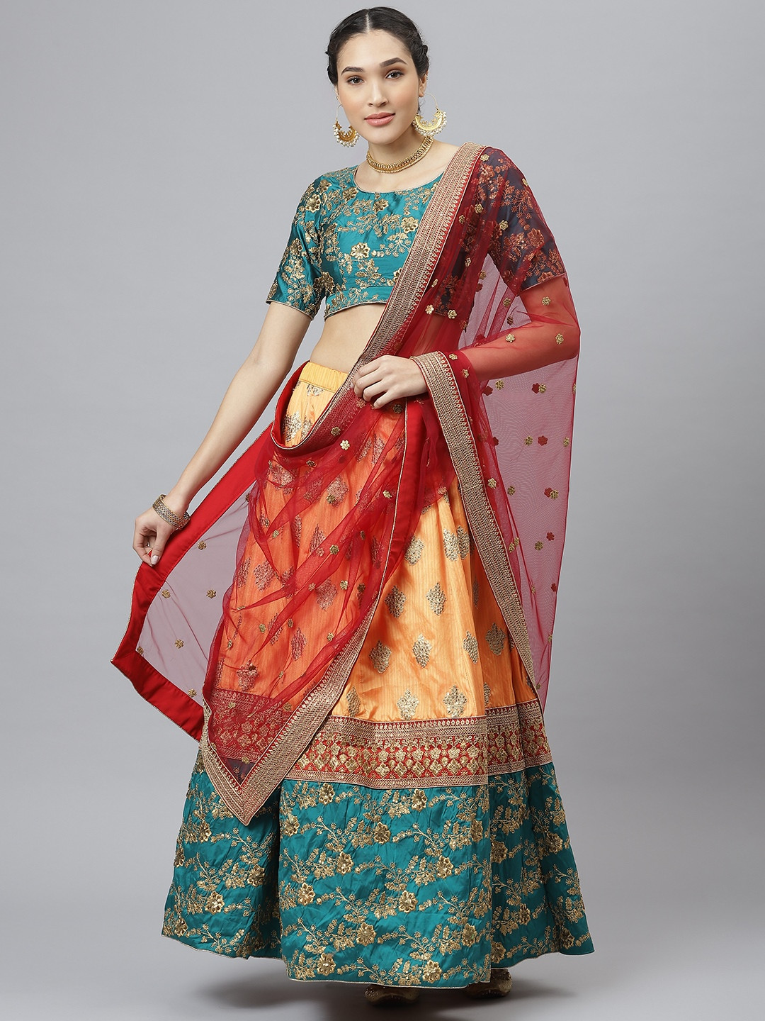 

SHUBHVASTRA Yellow & Green Printed Semi-Stitched Lehenga & Unstitched Blouse With Dupatta
