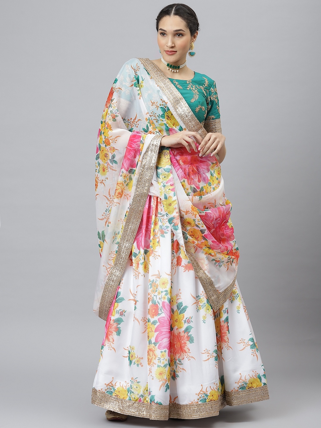 

SHUBHVASTRA Off White & Green Semi-Stitched Lehenga & Unstitched Blouse With Dupatta
