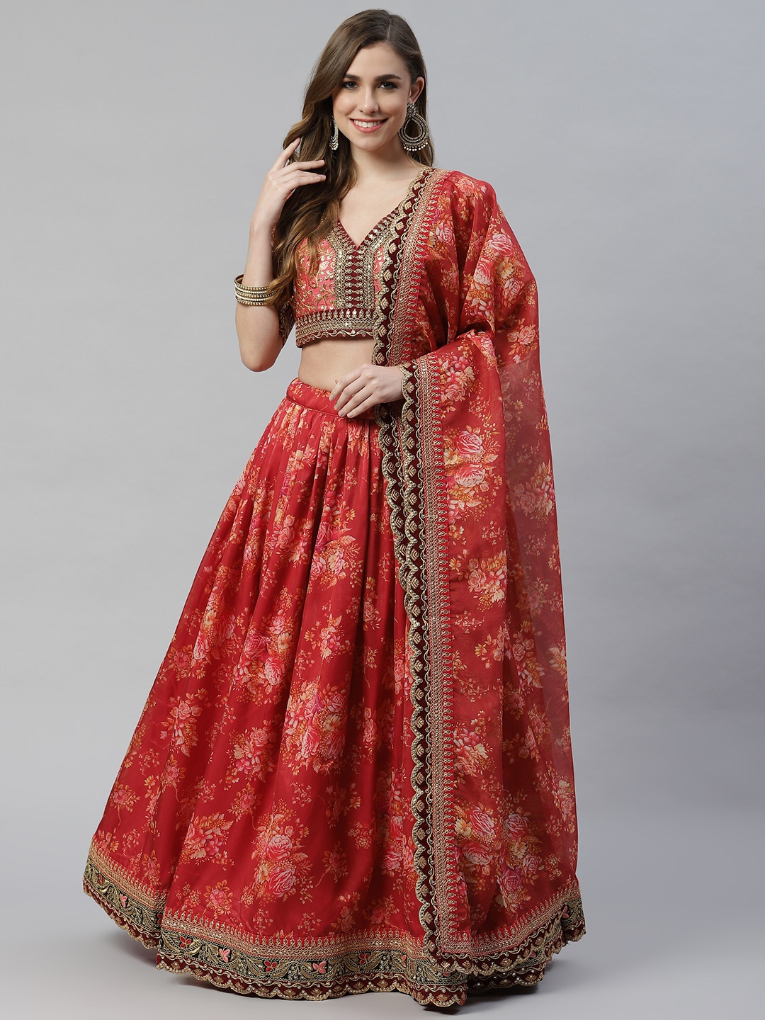 

SHUBHVASTRA Maroon & Peach-Coloured Embellished Zardozi Semi-Stitched Lehenga & Unstitched Blouse With