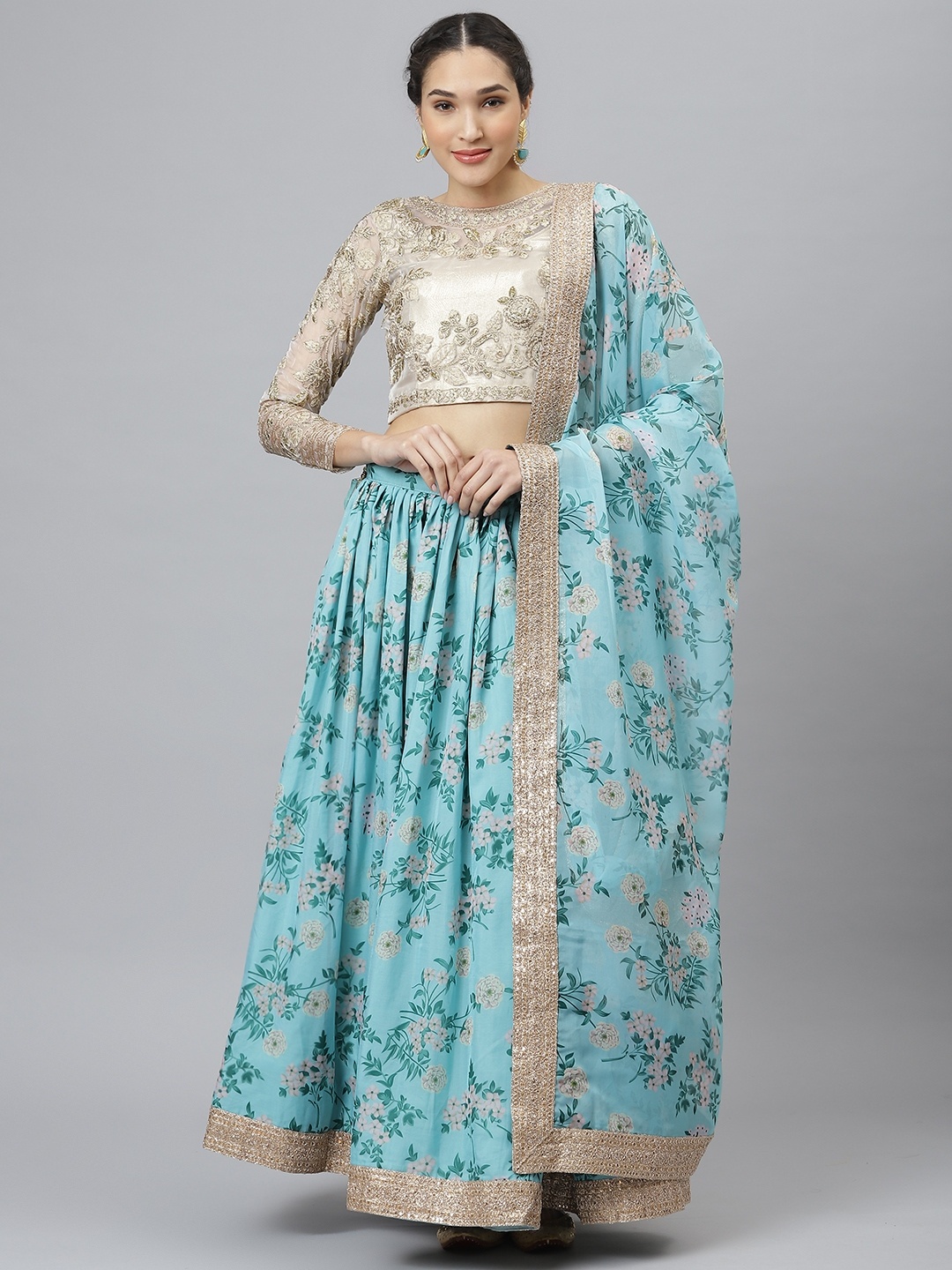 

SHUBHVASTRA Blue & Beige Semi-Stitched Lehenga & Unstitched Blouse With Dupatta