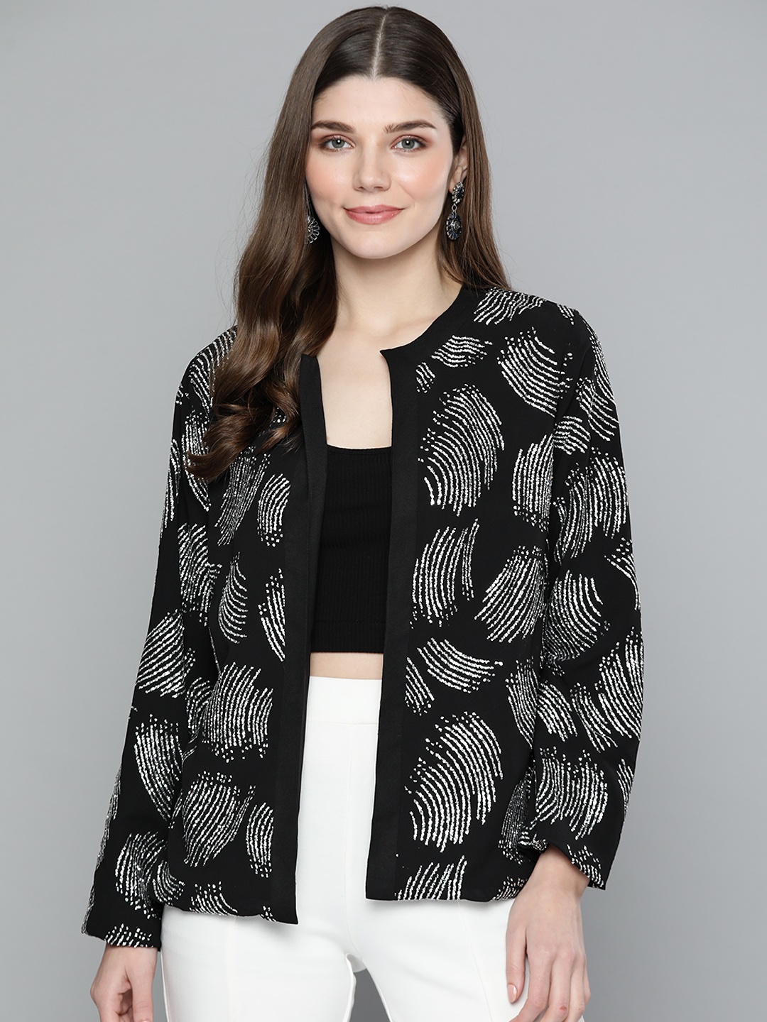 

SCOUP Women Black Silver-Toned Sequined Open Front Jacket
