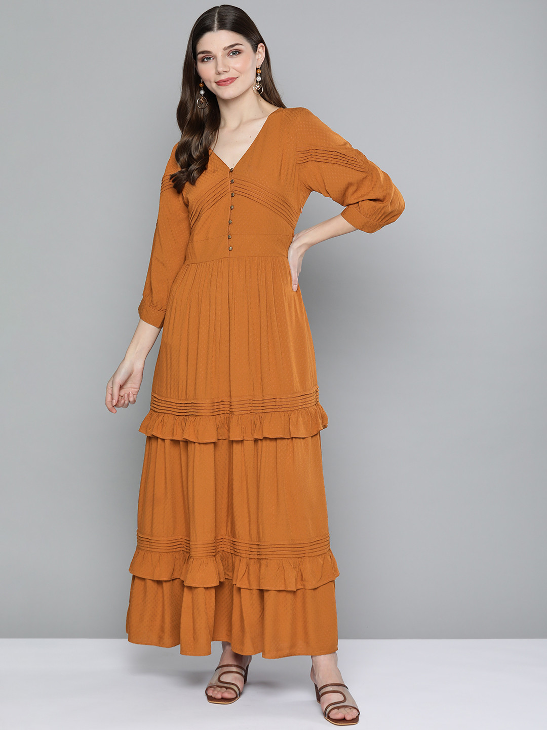 

SCOUP Brown Woven Design Pleated Tiered Maxi Dress