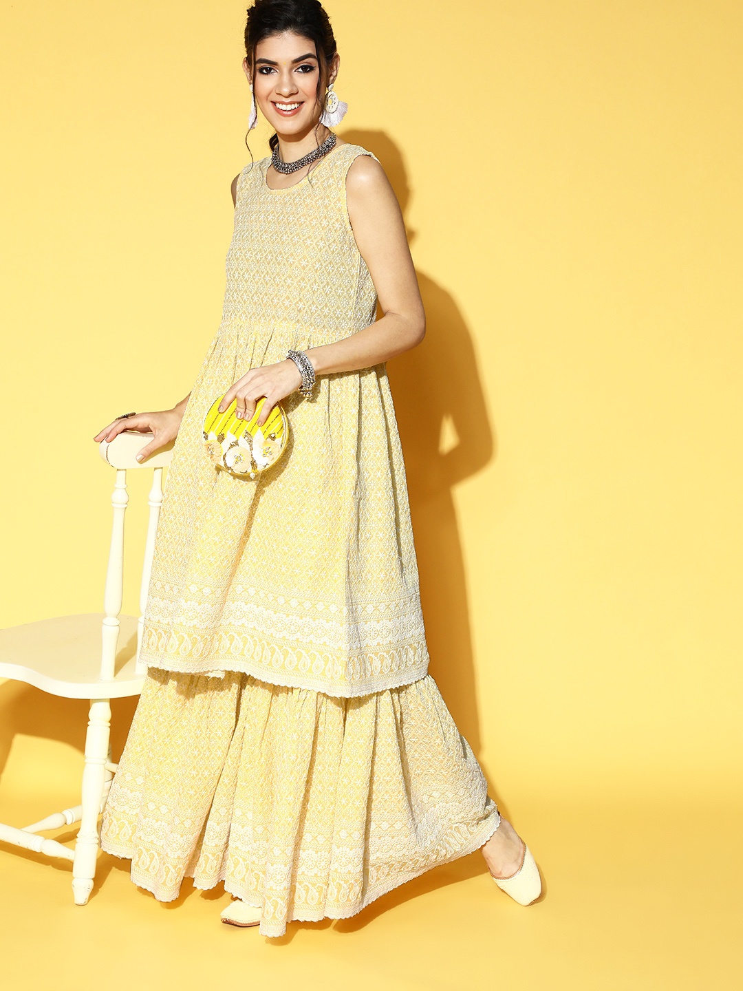

InWeave Women Yellow Embroidered Lace work Pure Cotton Kurta with Sharara