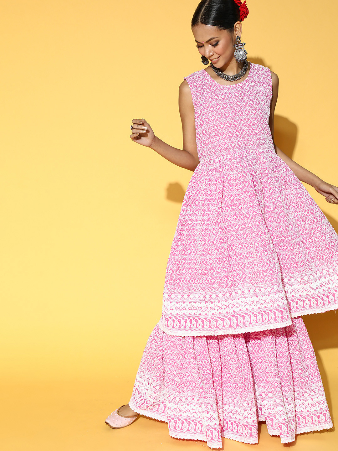 

InWeave Women Pink Embroidered Lace work Pure Cotton Kurta with Sharara
