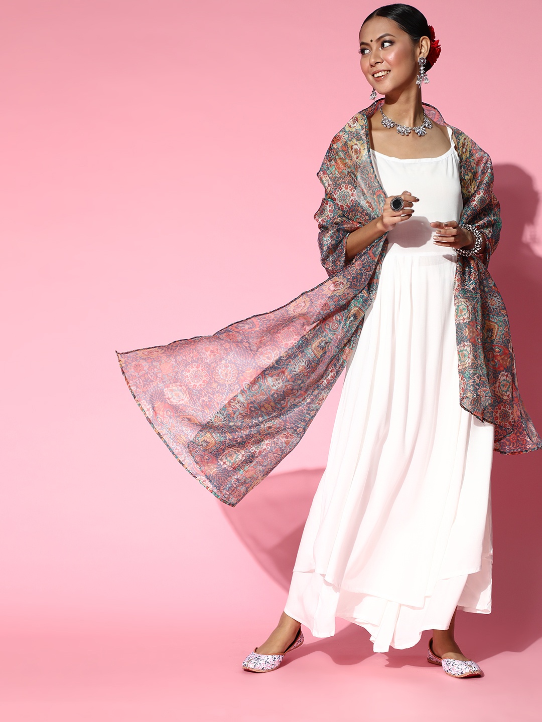 

InWeave Women White Solid Kurta with Palazzos & Ethnic Motif Print Dupatta