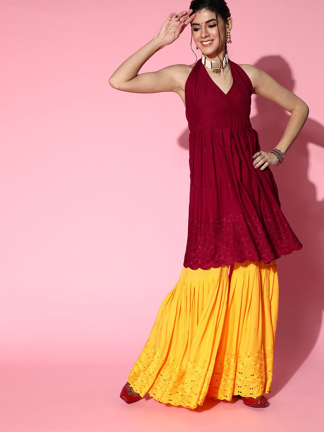 

InWeave Women Maroon Embroidered Lace Work Backless Empire Kurta with Sharara