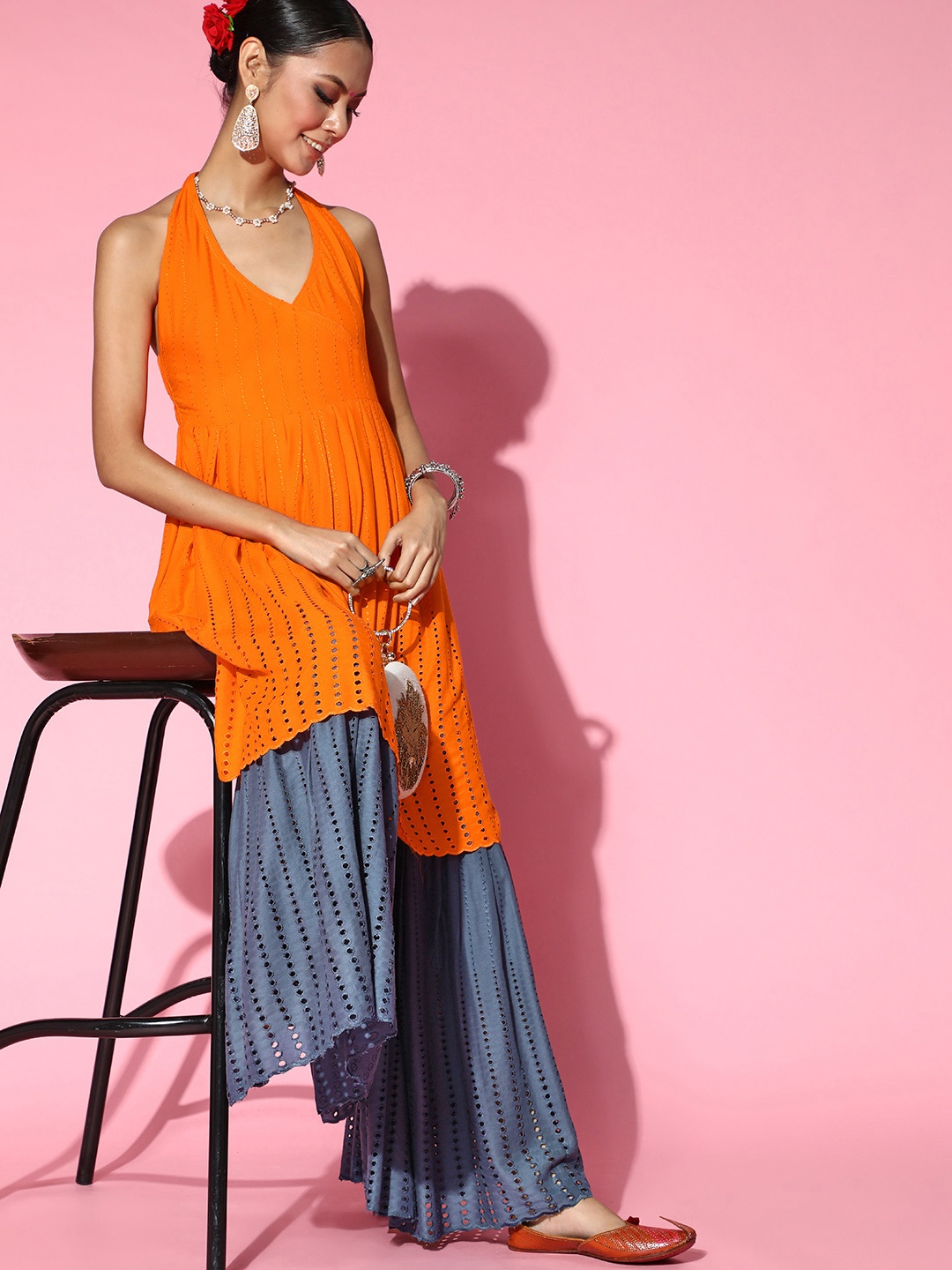 

InWeave Women Orange & Grey Empire Kurta with Sharara