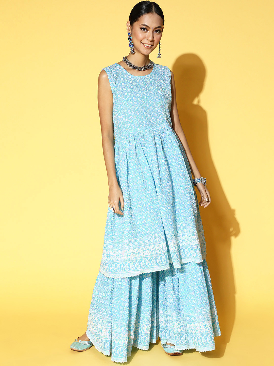 

InWeave Women Turquoise Blue Embroidered Lace work Pure Cotton Kurta with Sharara