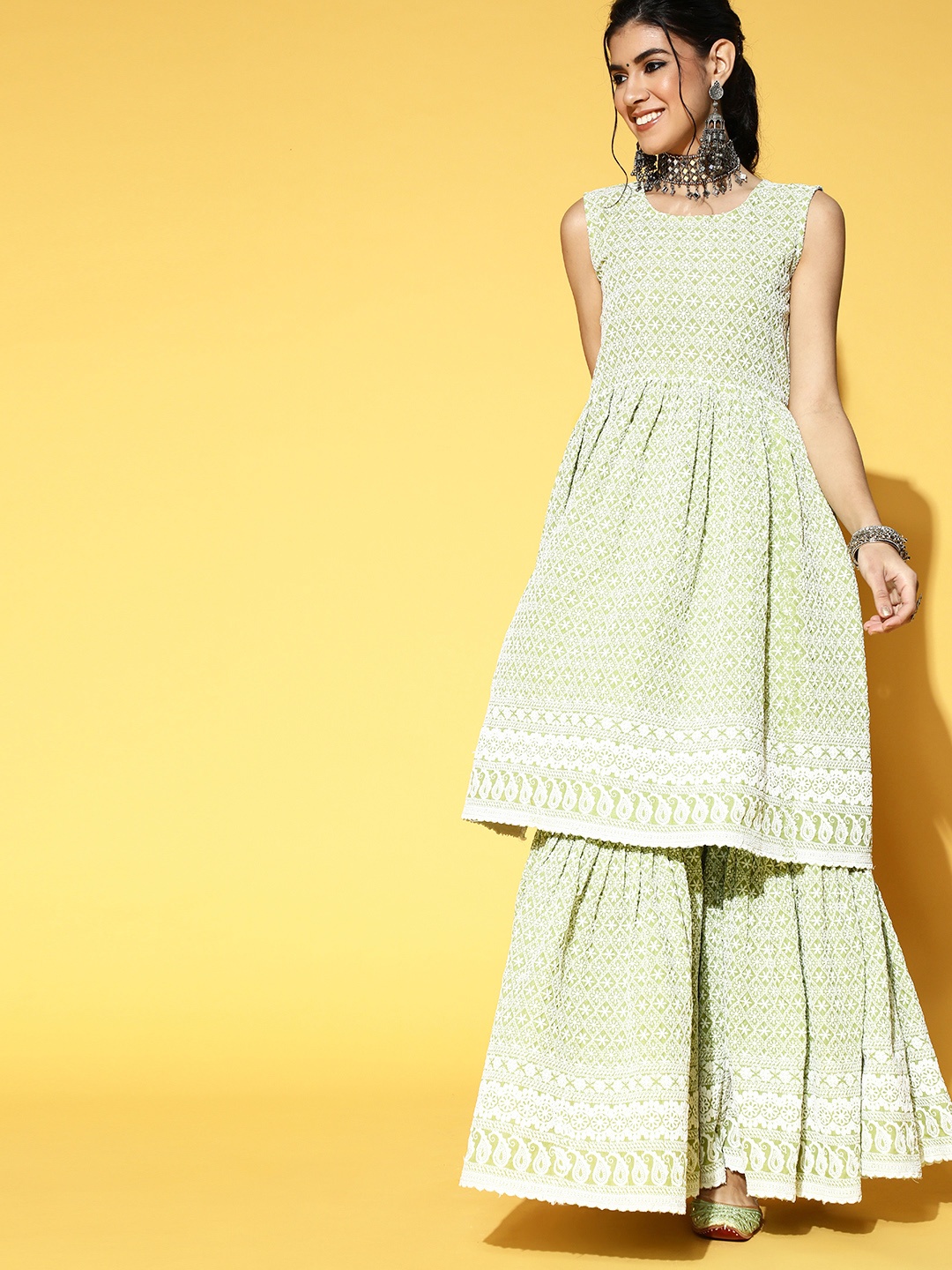 

InWeave Women Green Embroidered Lace work Pure Cotton Kurta with Sharara