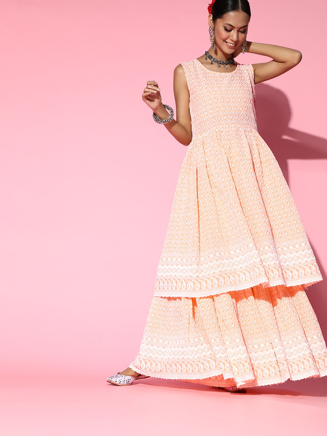 

InWeave Women Peach-Coloured Embroidered Lace work Pure Cotton Kurta with Sharara