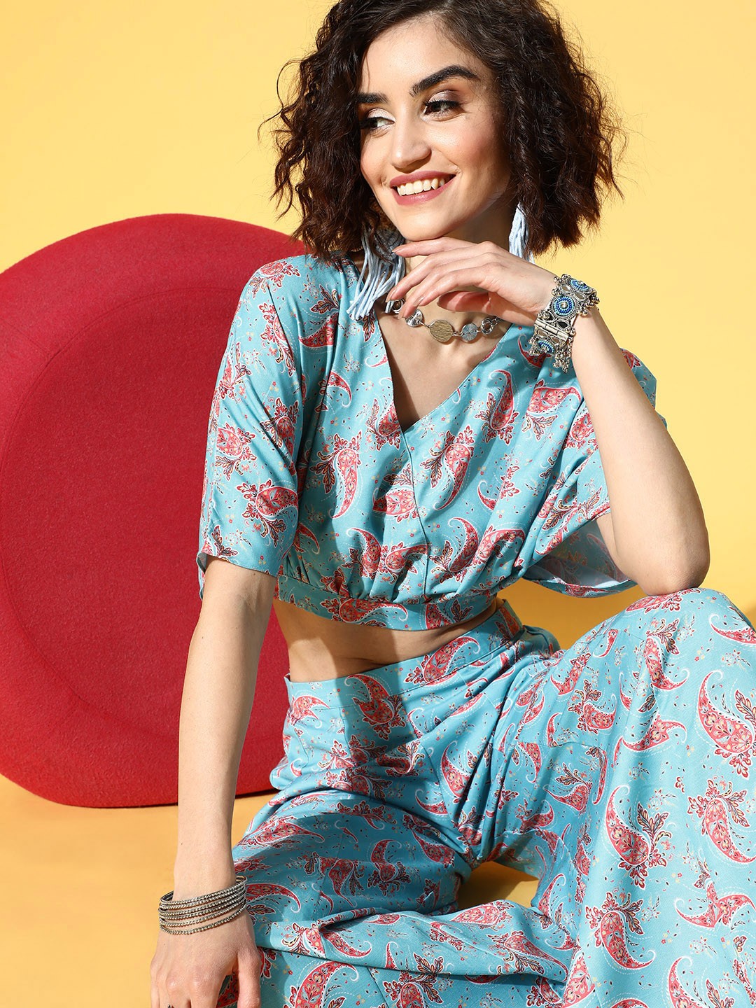 

Os Women Turquoise Blue Ethnic Motifs Printed Top with Palazzos