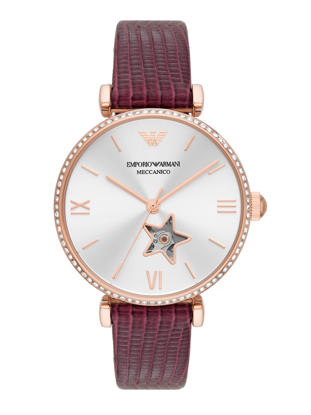 

Emporio Armani Women Silver Embellished Leather Straps Analogue Watch AR60044, Red