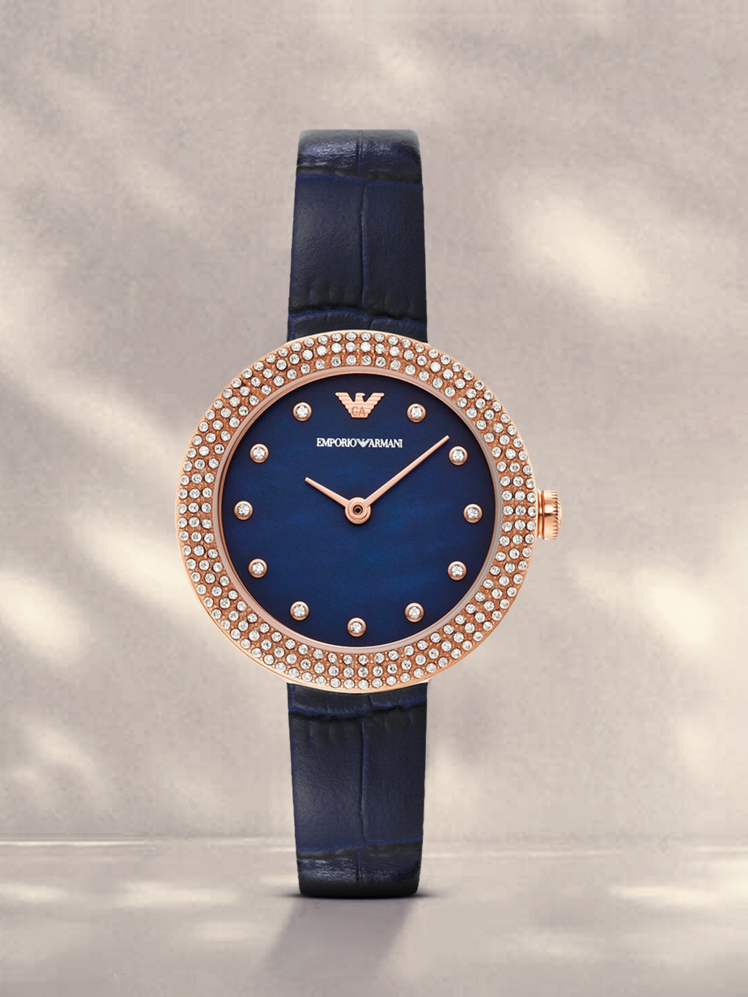 

Emporio Armani Women Navy Blue Embellished Leather Straps Analogue Watch AR11434