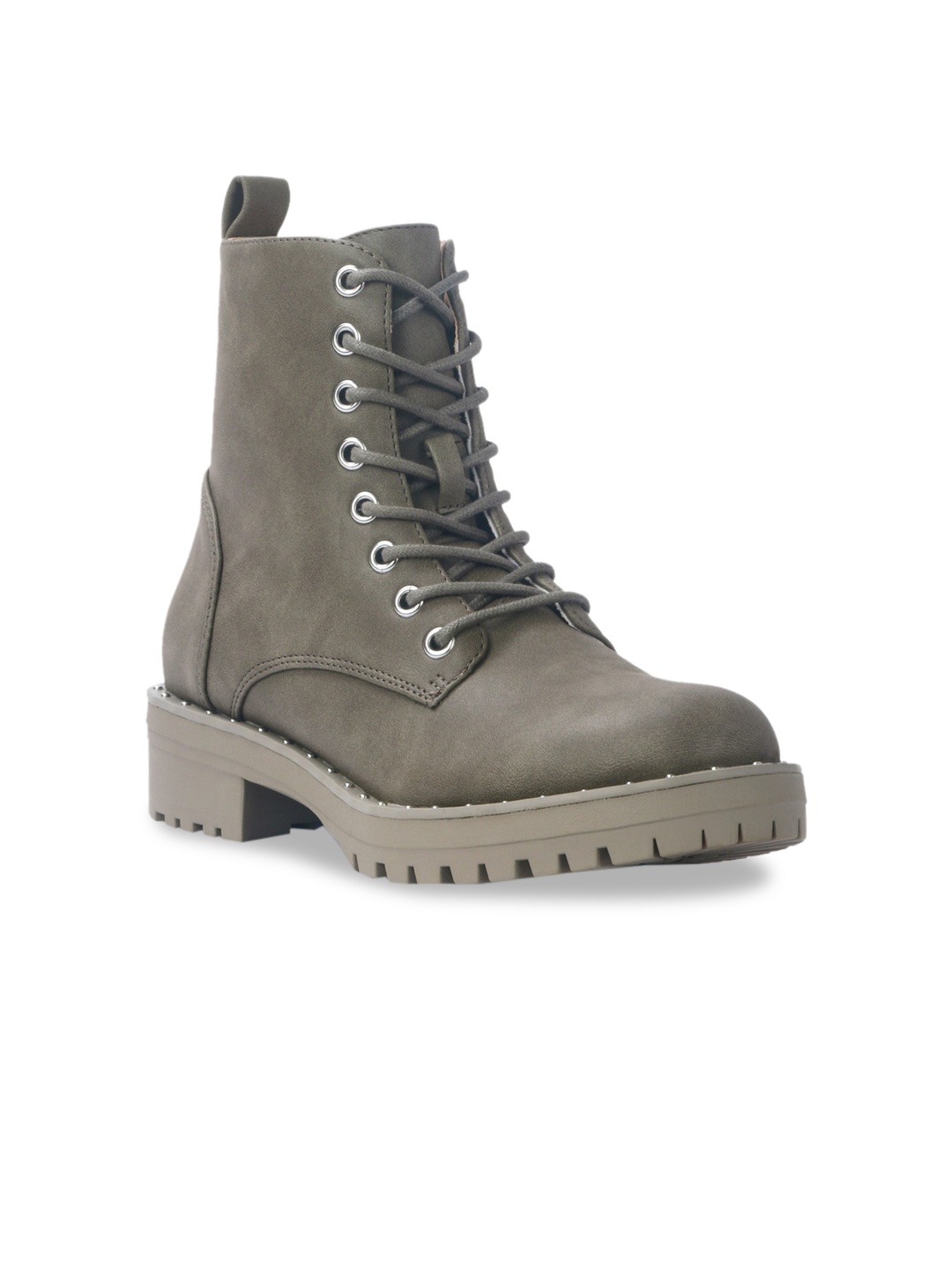 

London Rag Olive Green Lace-Up Biker Block Heeled Boots