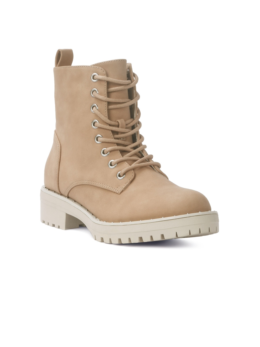 

London Rag Women Camel Brown High-Top Stud Lined Biker Block Heeled Boots with Cleats