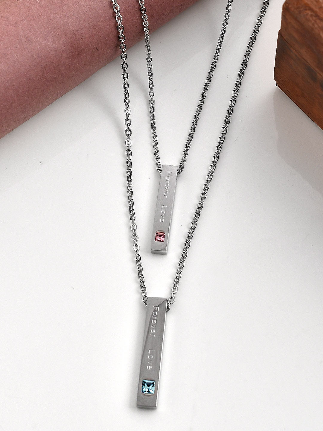 

AQUASTREET Set Of 2 Silver-Toned CZ-Stone-Studded Couple Pendant With Chain