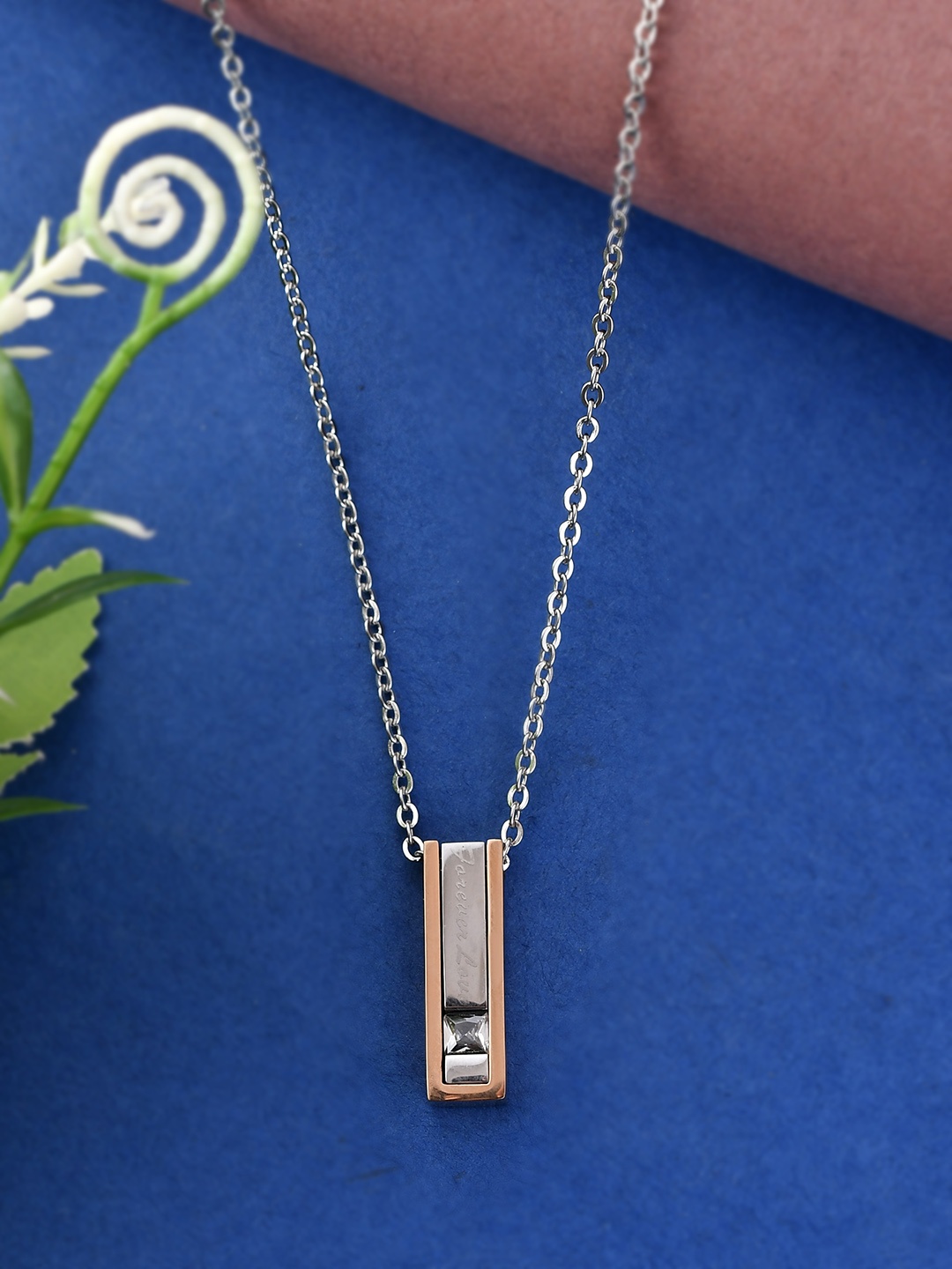 

AQUASTREET Silver-Plated Rose Gold-Toned White CZ-Studded Pendant With Chain