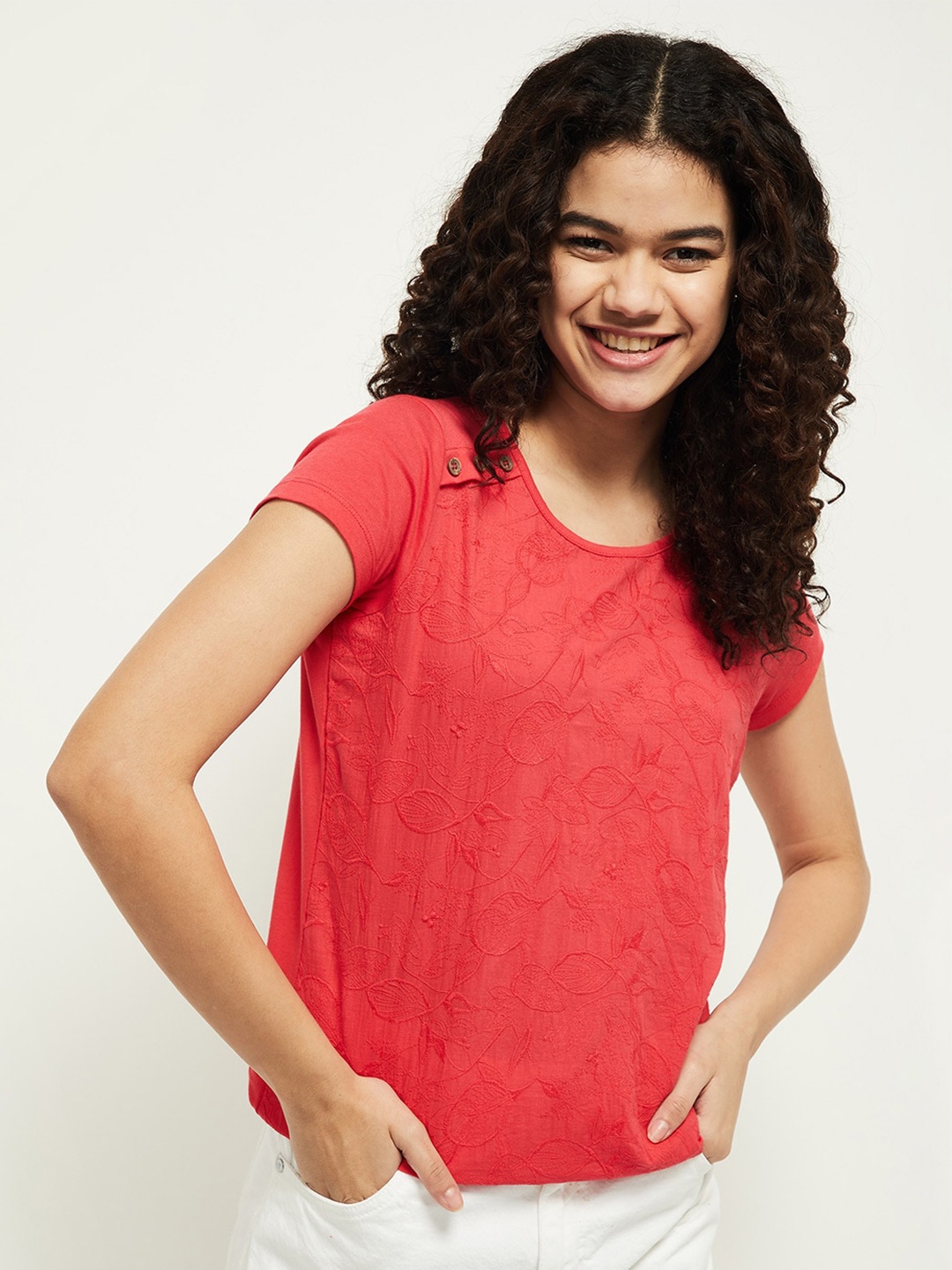 

max Pink Floral Embroidered Pure Cotton Top