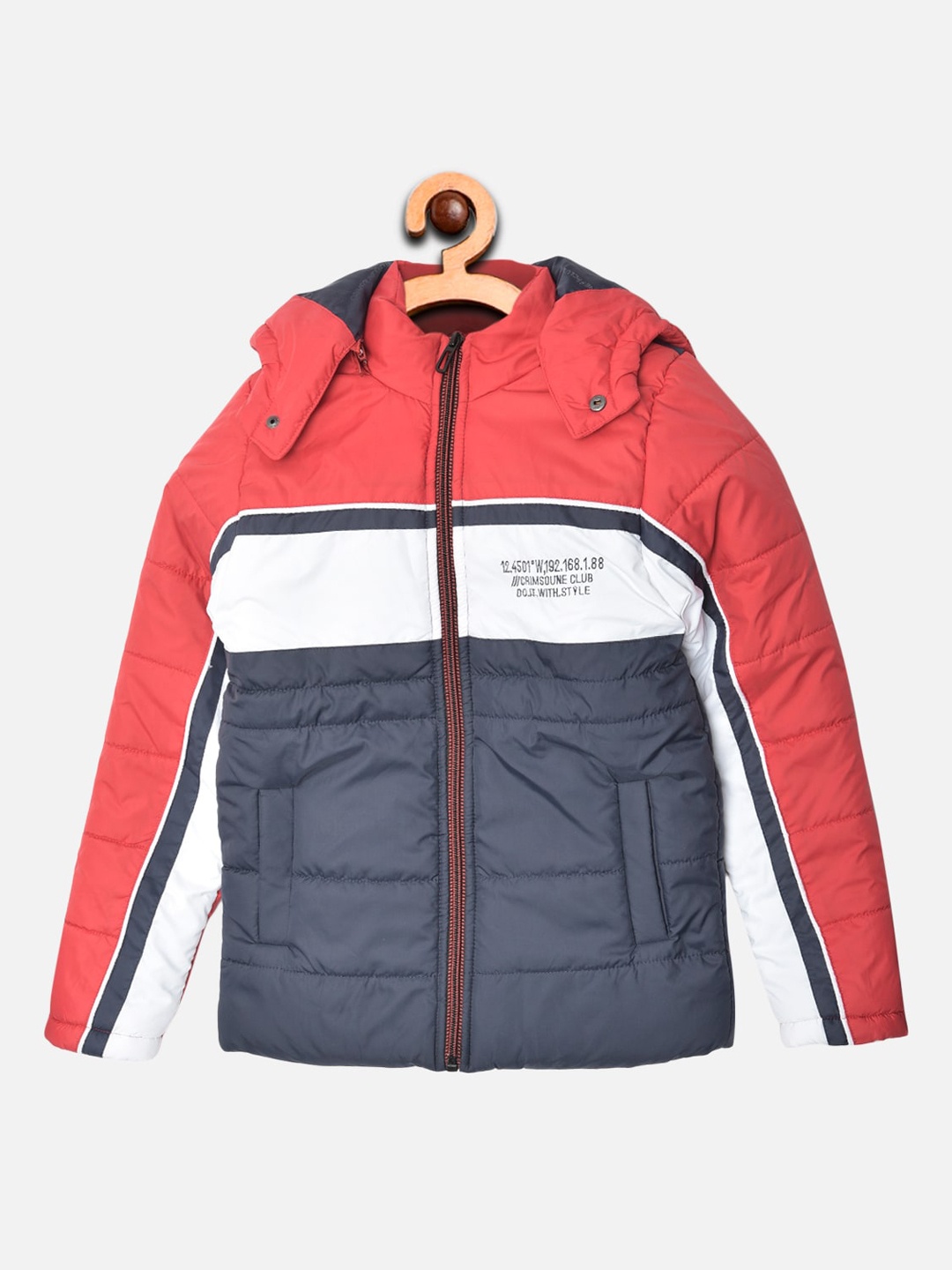 

Crimsoune Club Boys Red & Blue Colourblocked Padded Jacket with Detachable Hood