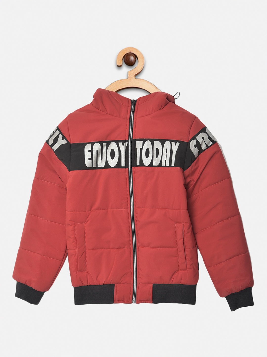 

Crimsoune Club Boys Red & Black Typography Hooded Bomber Jacket