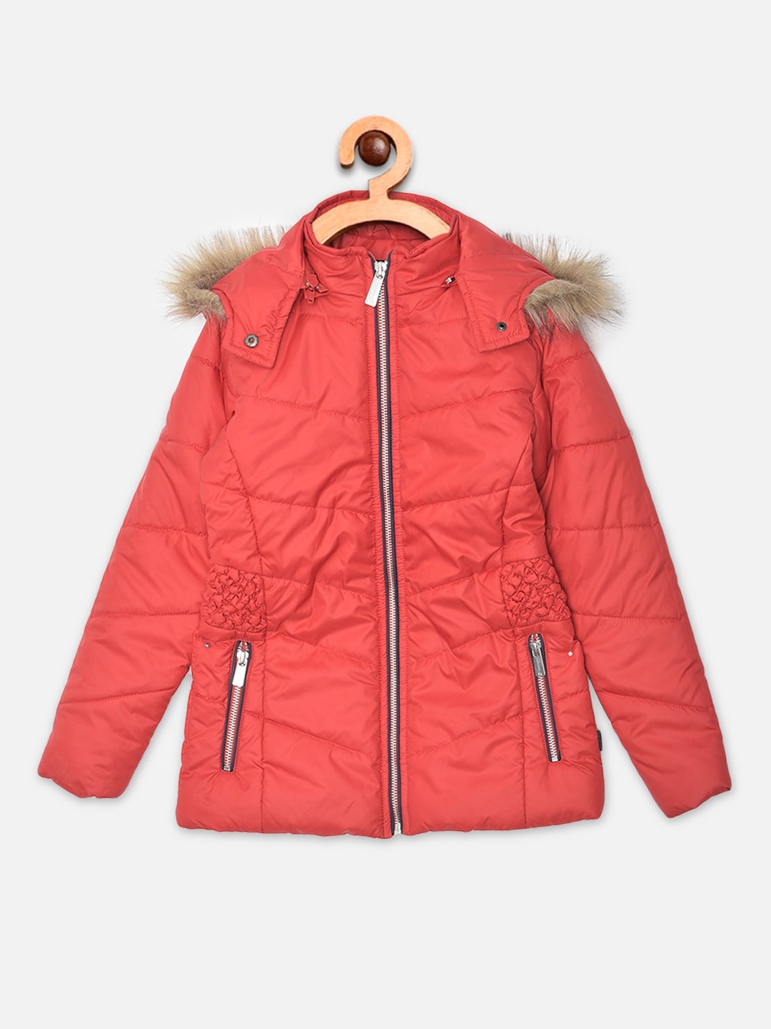 

Crimsoune Club Girls Red Solid Hooded Parka Jacket