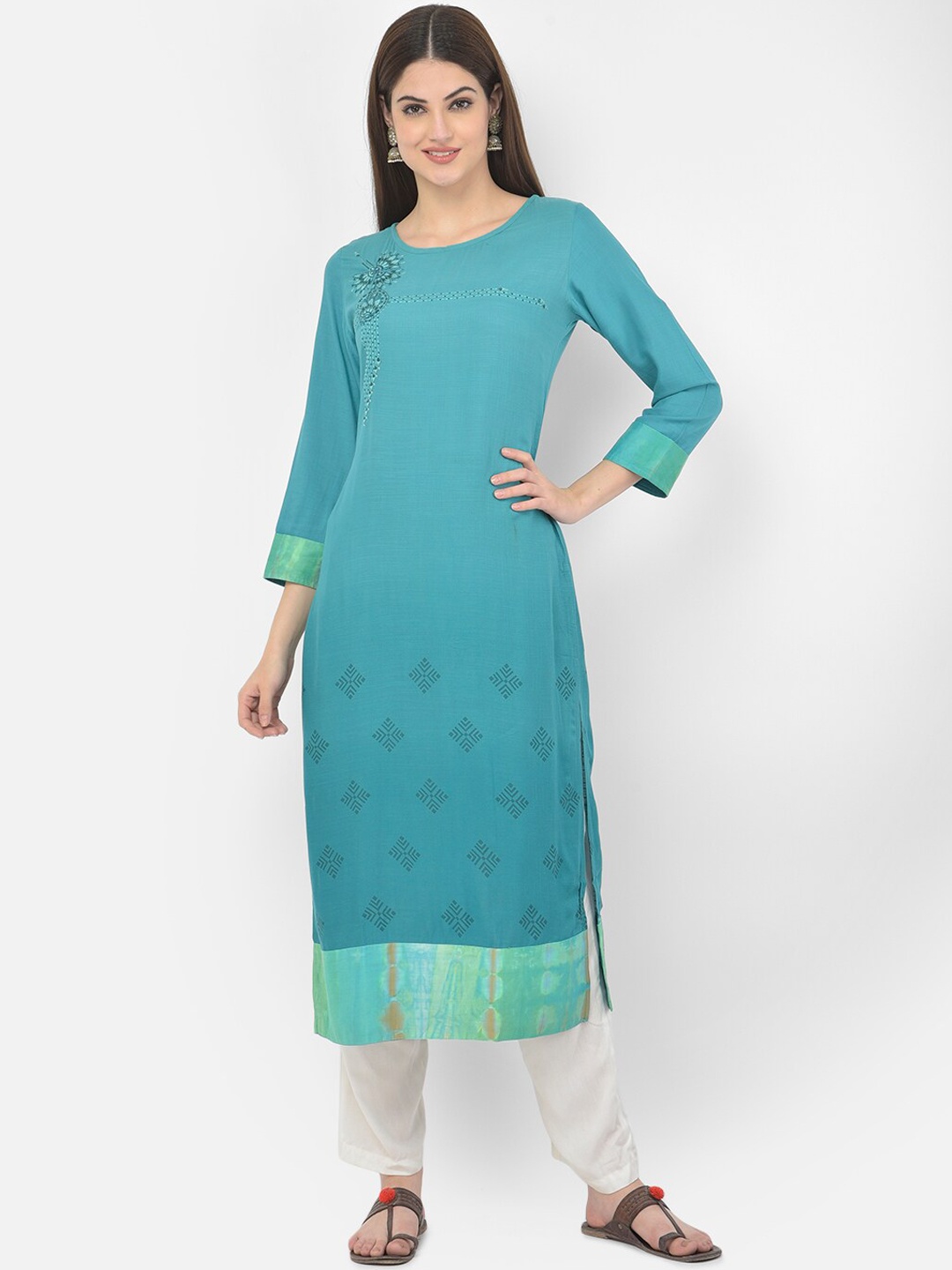 

Span Women Blue Mirror Work Embroidered Straight Kurta