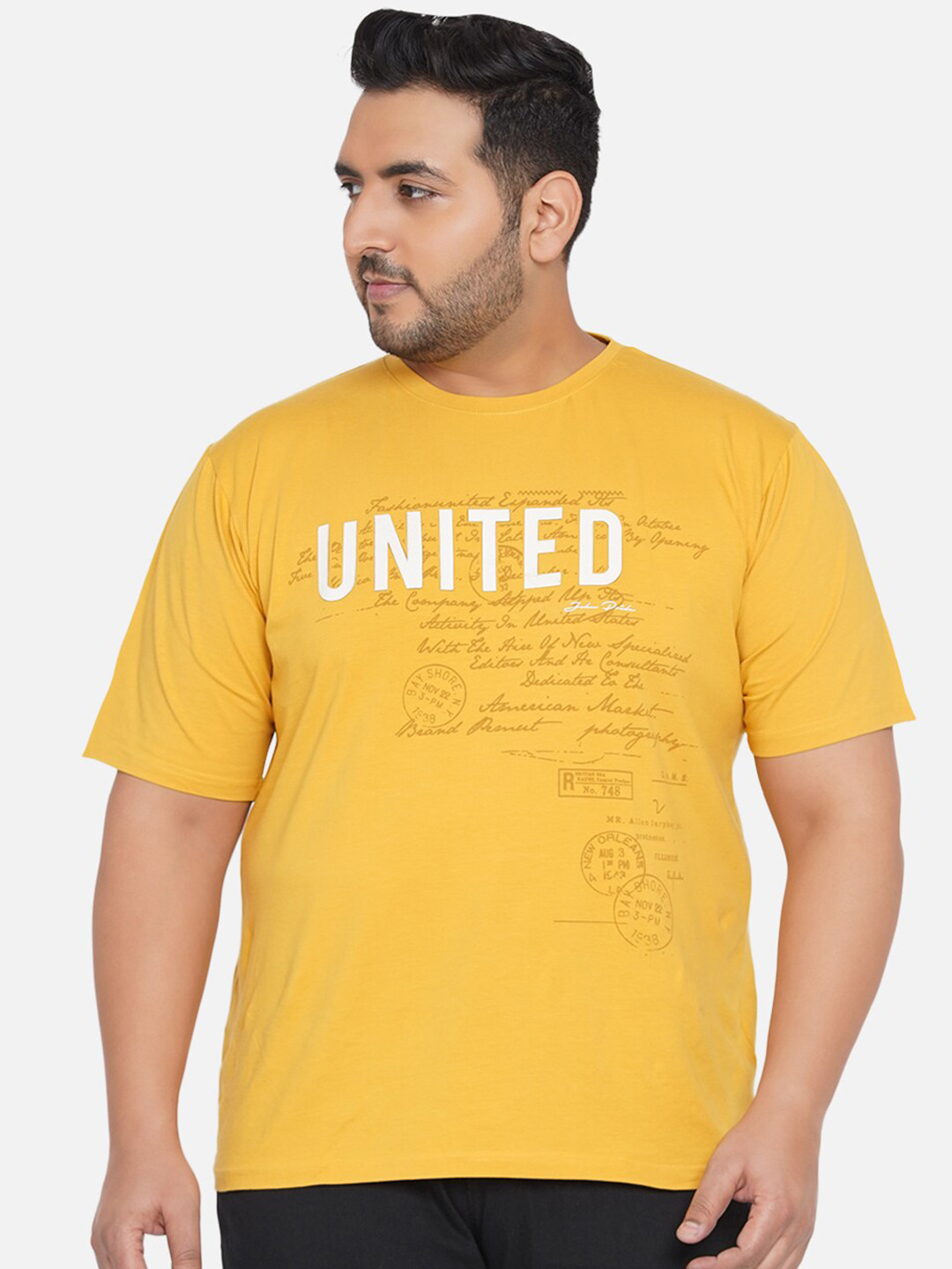 

John Pride Plus Size Typography Printed T-shirt, Yellow