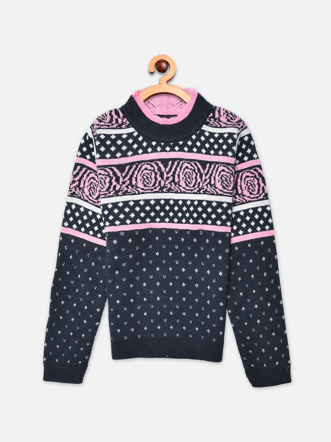 

Crimsoune Club Girls Navy Blue & Pink Fair Isle Printed Pullover
