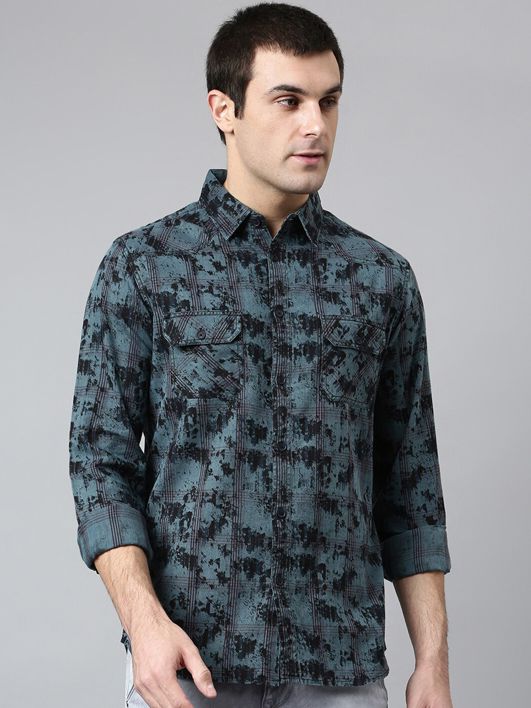 

Dennis Lingo Men Grey Comfort Slim Fit Printed Cotton Casual Shirt