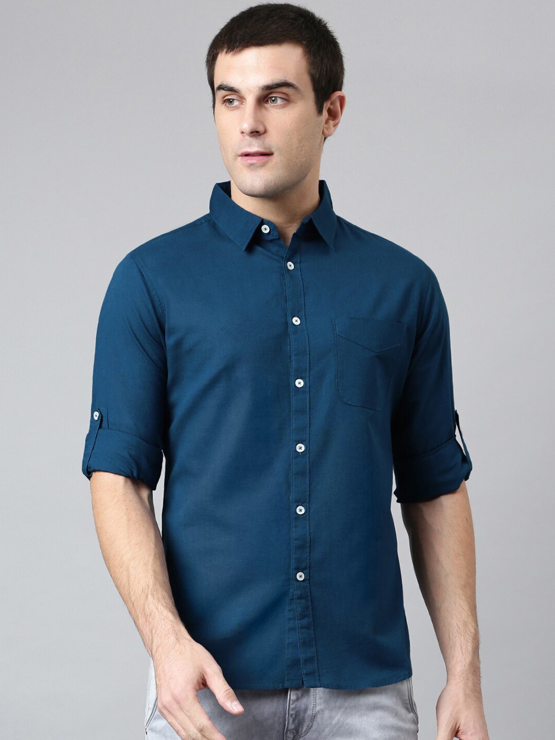 

Dennis Lingo Men Blue Solid Comfort Slim Fit Casual Shirt