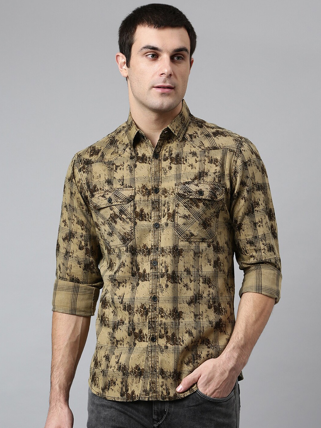

Dennis Lingo Men Khaki Comfort Slim Fit Printed Casual Shirt