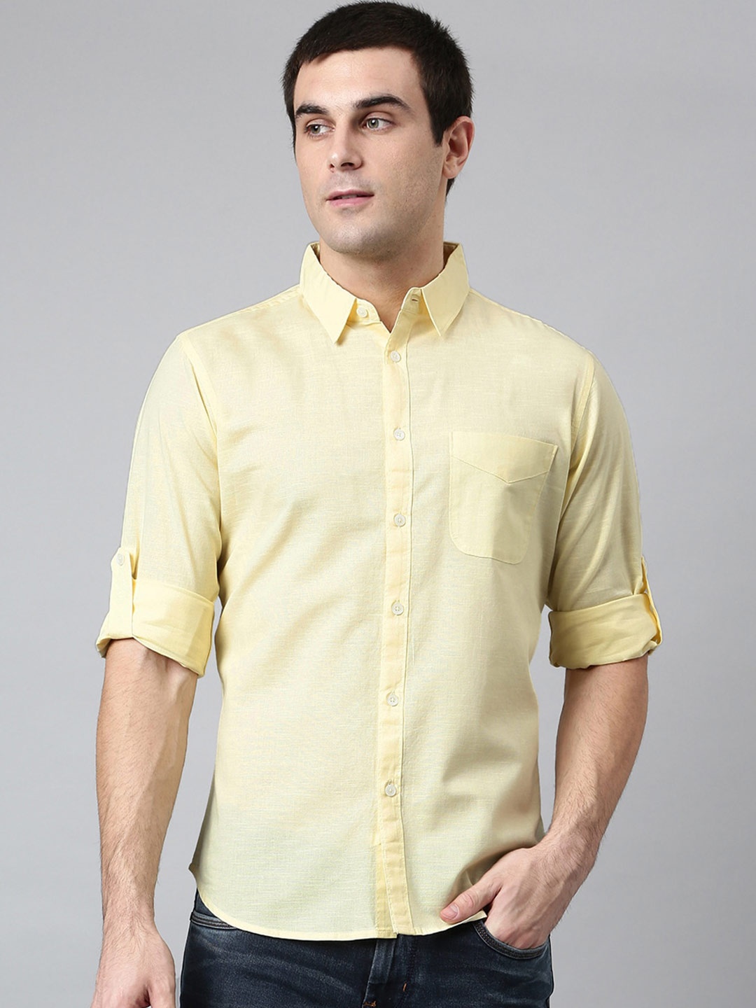 

Dennis Lingo Men Yellow Comfort Slim Fit Cotton Linen Casual Shirt