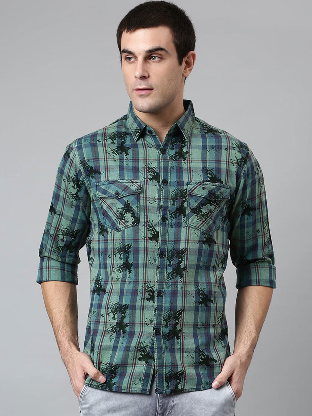 

Dennis Lingo Men Green Slim Fit Tartan Checked Casual Shirt
