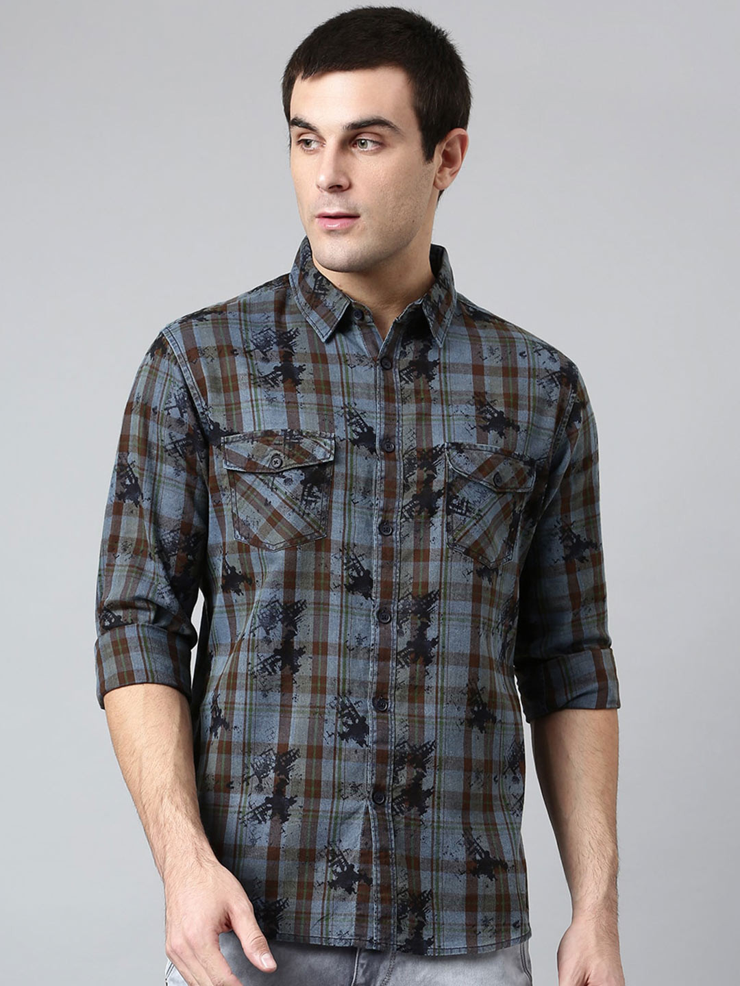 

Dennis Lingo Men Blue Comfort Slim Fit Tartan Checks Checked Casual Shirt
