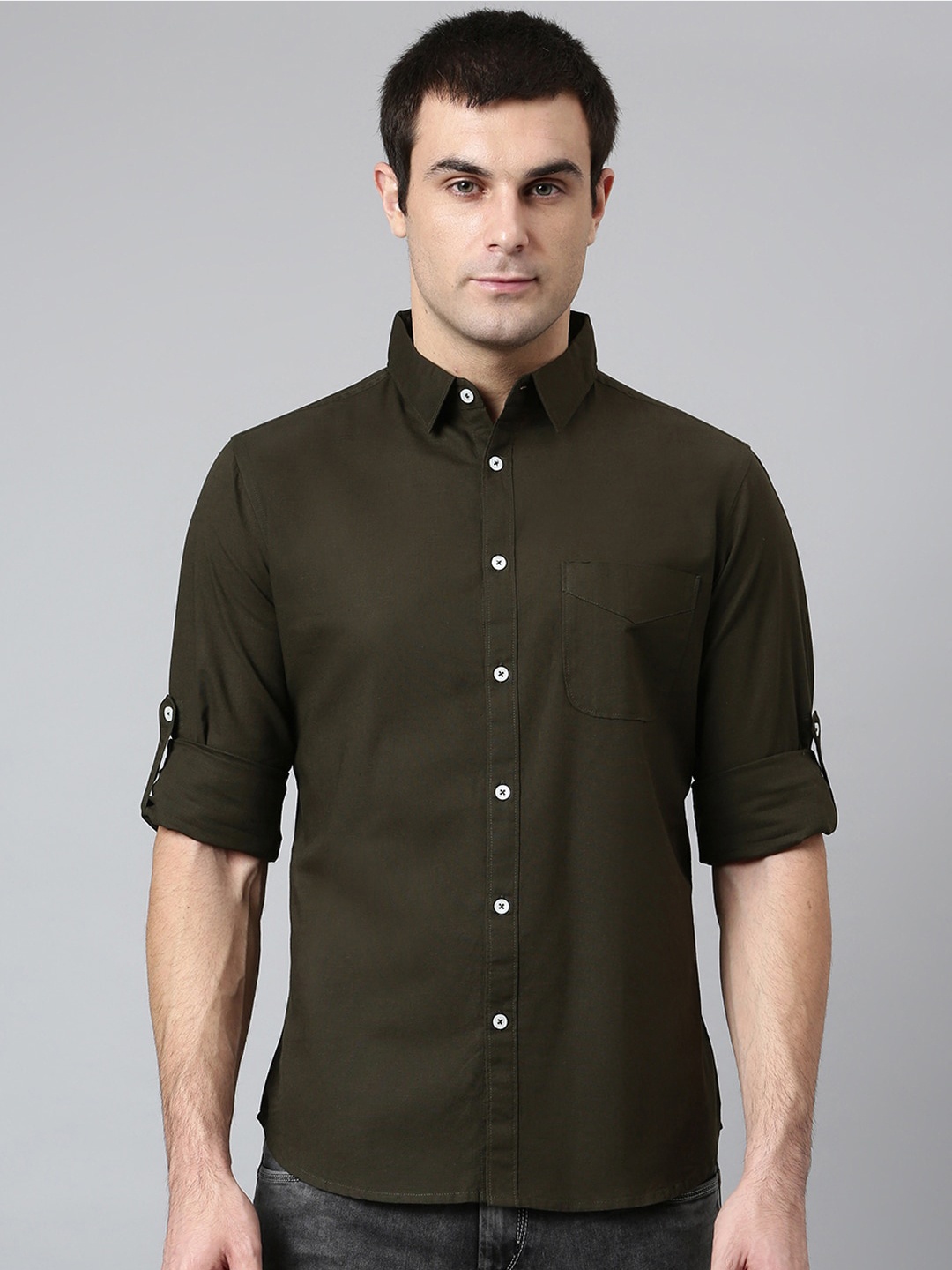 

Dennis Lingo Men Olive Green Comfort Slim Fit Casual Shirt