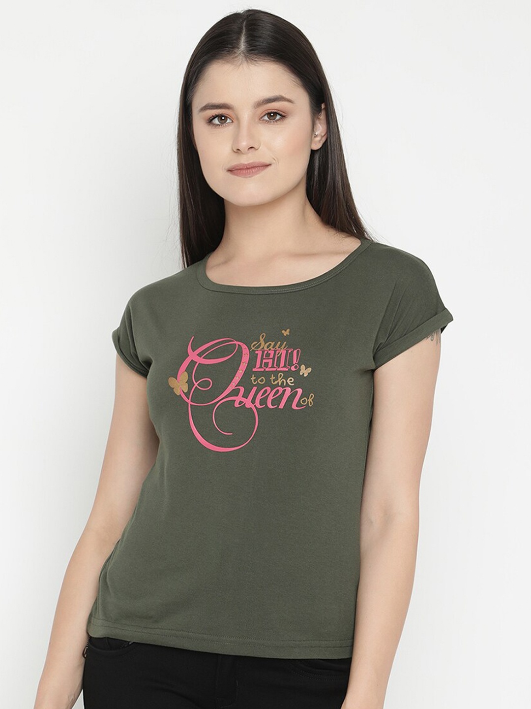 

V2 Value & Variety Olive Green Print Top
