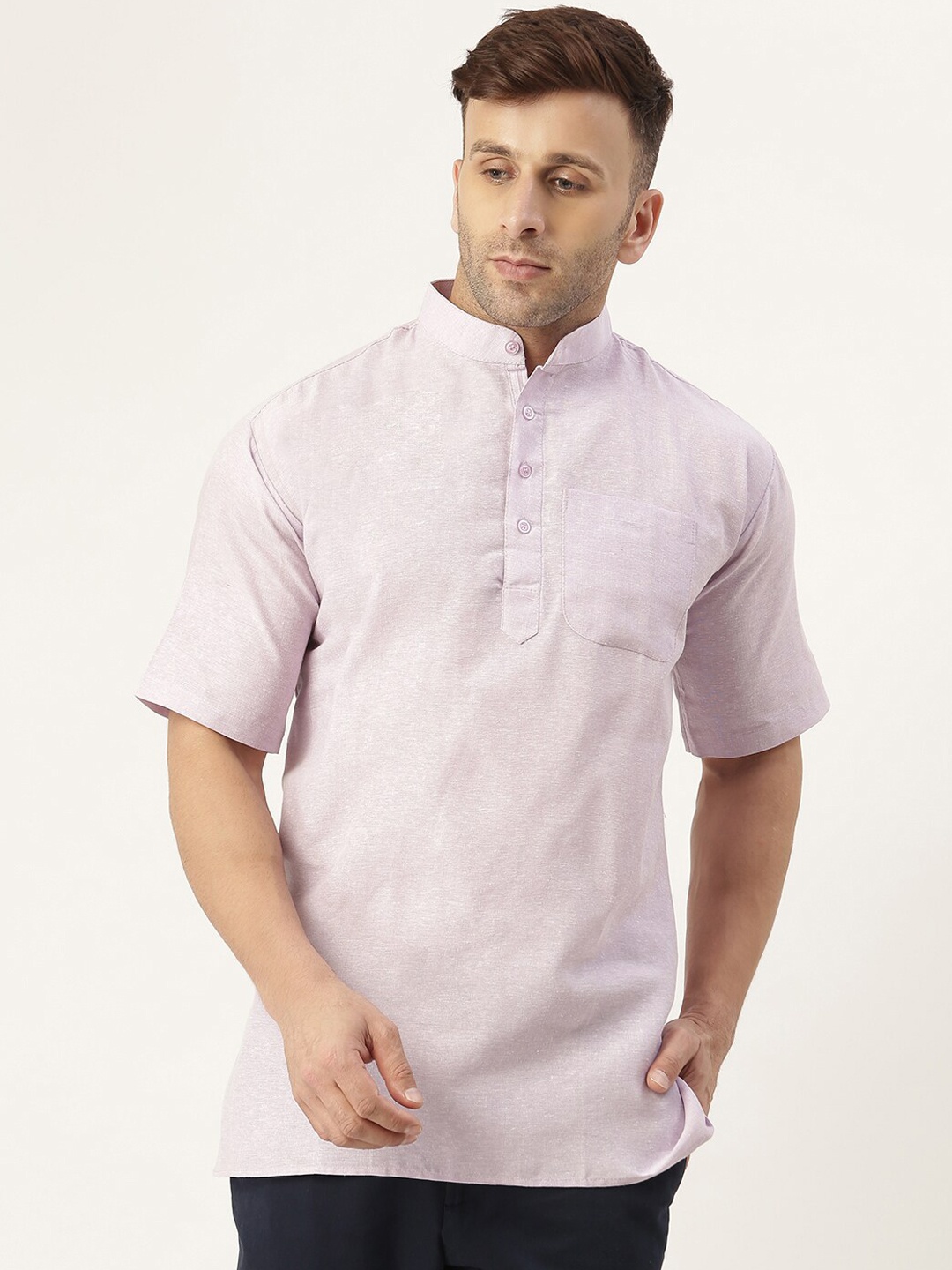 

KHADIO Men Purple Solid Cotton Straight Short Kurta