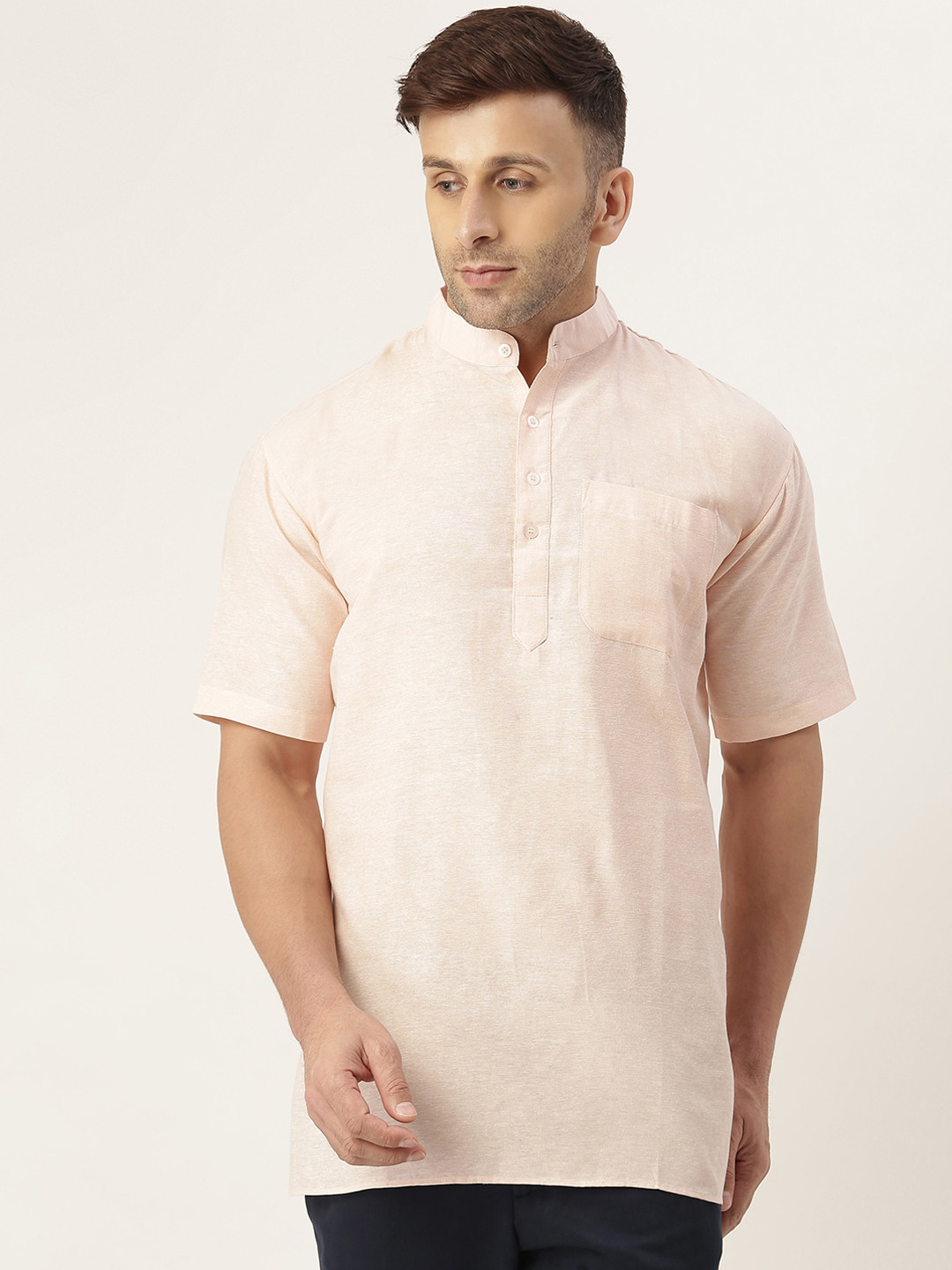 

KHADIO Men Peach-Coloured Solid Cotton Straight Short Kurta
